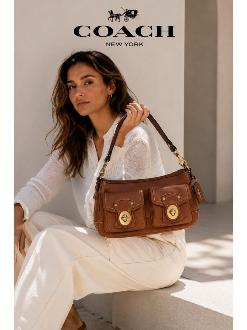 Coach F12868 65th Anniversary Double Turnlock Whiskey Leather Shoulder Bag